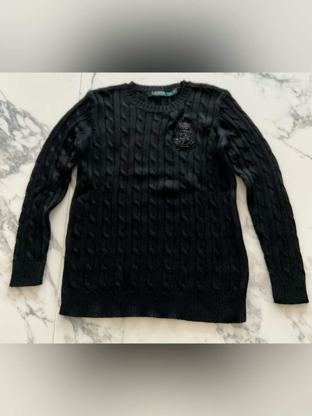 Lauren Ralph Lauren Black Cable-Knit Crewneck Sweater with Crest